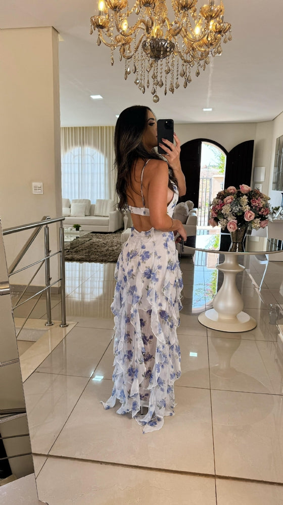 Vestido Dominique Branco Flor Azul